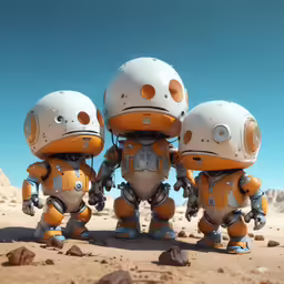 there are three robots standing on the dirt ground