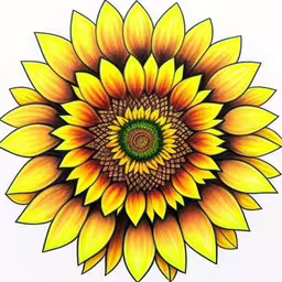 a yellow sunflower drawing on paper in color,an image of a sunflower on white paper