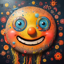 a painting of a smiling orange monster with lots of orange splatkles
