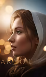a woman in a white head scarf staring ahead
