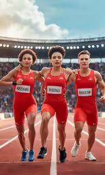 three female athletes run the track at a stadium