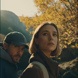 a man and woman are in the autumn sunshine