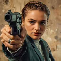 a woman wearing a green coat is holding a gun