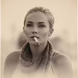 a young blond woman smoking a cigarette on the beach