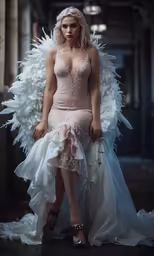 woman posing with a white angel costume with very large feathers