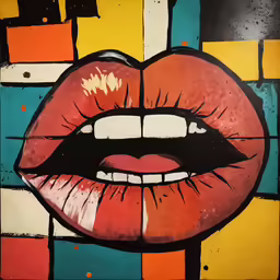 a painting of a red female mouth with red lipstick and a tile background