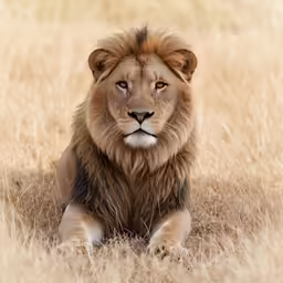 a big lion sits in tall grass in the middle of the day