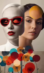 two women wearing red glasses are facing each other