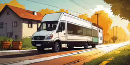 an mercedes van is on a road in the autumn sun,an image of a bus that is driving on the street