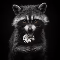 a raccoon looking at the camera with a black background