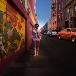 a young man stands in front of graffiti painted buildings,a young man in colorful clothing stands on the sidewalk