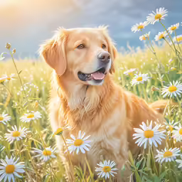a close up of a dog sitting in a field of daisies