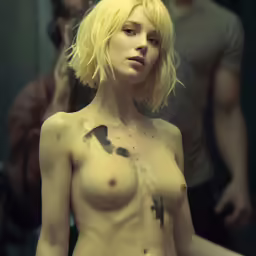 a blonde woman with an artistically painted arm and chest