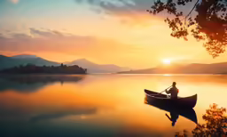 a man sitting in a canoe looking at the sunset