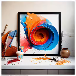 a framed photograph of orange and blue swirls,a painting is being displayed on a white surface