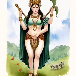a woman dressed in the style of a warrior with a green cloak and hat
