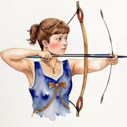 watercolor and ink painting of a woman shooting an arrow,a painting of a girl aiming with a bow