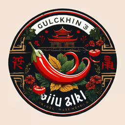 a circular, chinese cuisine emblem,an artistic round design with the words gulchhin & chili