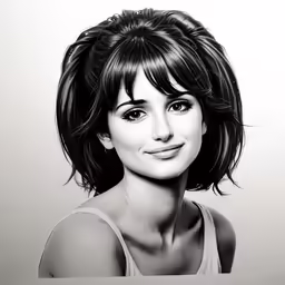 a woman in black and white with a large smile