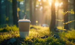 an empty coffee cup sitting on a lush green field