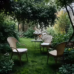 some chairs are sitting in some grass near bushes