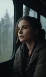 a woman is sitting down looking out the window