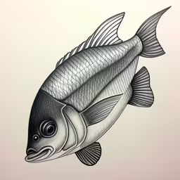 the black and white drawing shows an image of a fish,a pencil drawing of a fish, it has a mouth