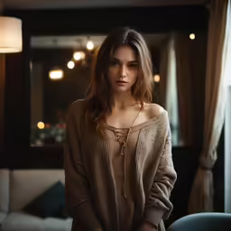 a woman posing in a room next to some sofas