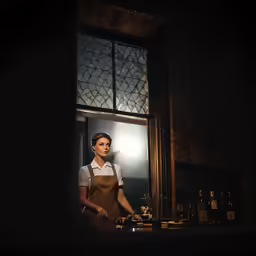 a woman at the window with bottles on the counter
