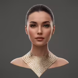 a woman with a golden neck piece is shown