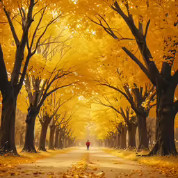 a lone person walks down the pathway in an autumn scenery