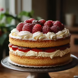 a cake on a metal plate with raspberries on top