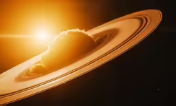 saturn with the rings of clouds and sun behind it