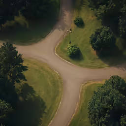 a two way dirt road winding with a green field next to it