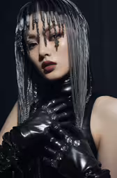 a woman with long hair is wearing black leather gloves,the image is very pretty, but this woman wears black gloves