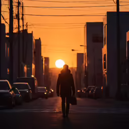 man walking in the road as the sun rises over buildings