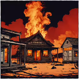 the fire burns in a scene with men looking at it,a painting of a burning building with a person standing in front of it