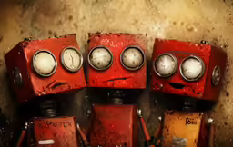 four red electrical gadgets with faces painted on them