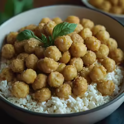 a white bowl filled with rice and fried meat
