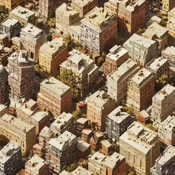 an aerial shot of several colorful building in a city