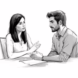 the two people sitting at the table are talking