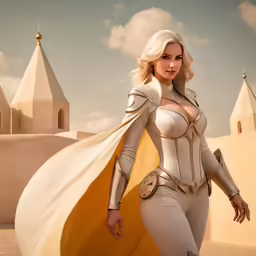 a woman with a cape standing next to a desert
