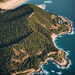 the aerial view of some trees, water and sand