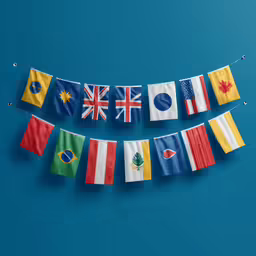 different flags on a blue background in various languages