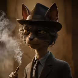 the cat in the suit is holding a smoking stick