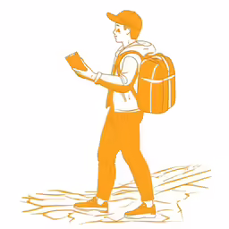 a person in orange wearing a backpack while holding a cell phone