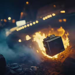 a fire canister in the middle of a pile of rubble