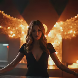 a woman sitting at a table with an illuminated wall behind her