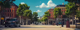 a street scene with cars and trees in the background