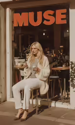 woman in white pants sitting on chair and drinking a cup